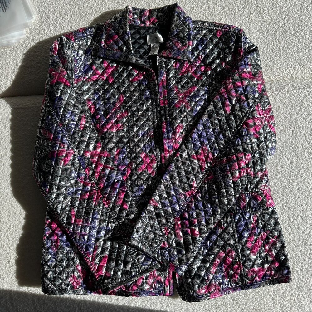 Chico's Women's Pleated Purple & Black Jacket Size S – Elegant Layering‎ Piece